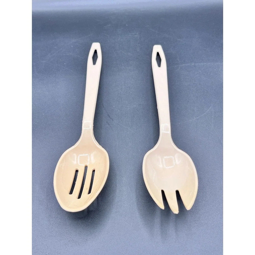 Vtg Tailor Made Salad Server Set Slotted Spoon Fork Almond Beige Plastic Kitchen
